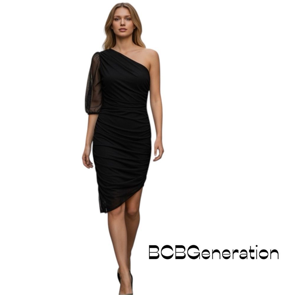 BCBGrneration Sheer Black One Shoulder Ruched Asymmetrical Dress NWOT Size S